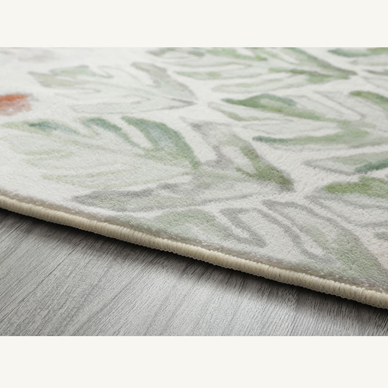 Round White Tone Modern Indoor Rug Polyester Floral Print Rug Non-Slip Backing Indoor Rug for Living Room