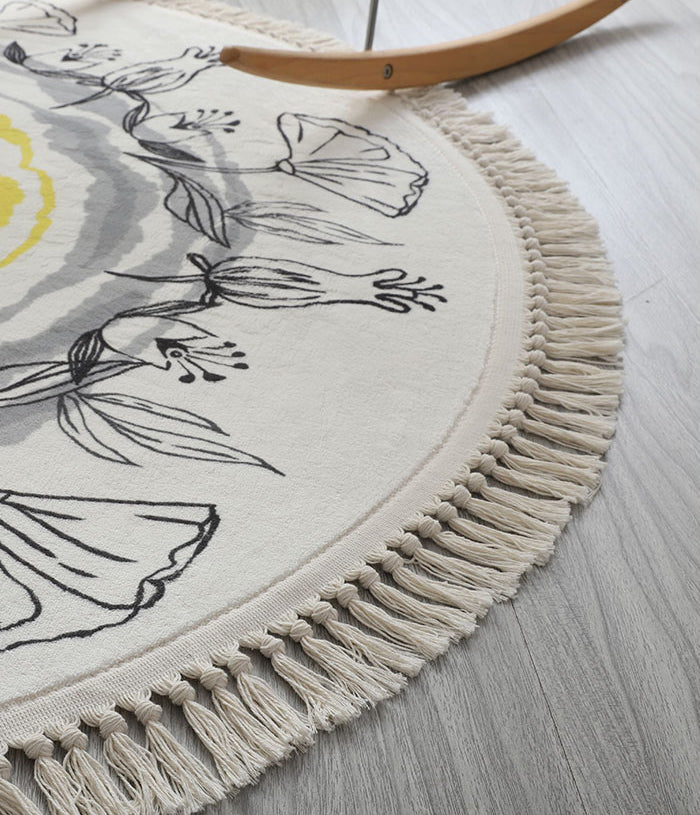 Round White Tone Modern Indoor Rug Polyester Floral Print Rug Non-Slip Backing Indoor Rug for Living Room