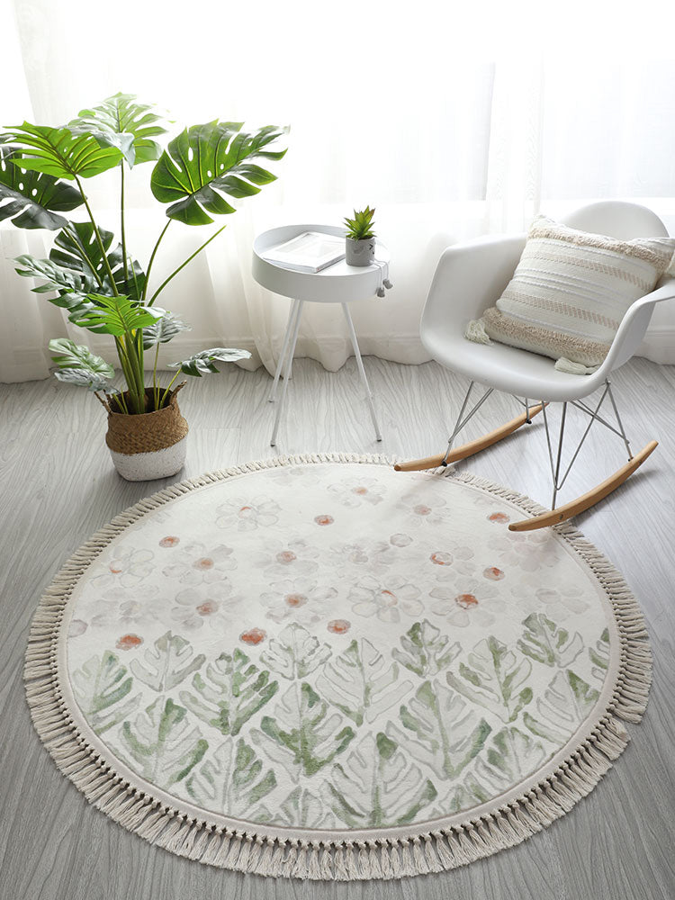 Round White Tone Modern Indoor Rug Polyester Floral Print Rug Non-Slip Backing Indoor Rug for Living Room