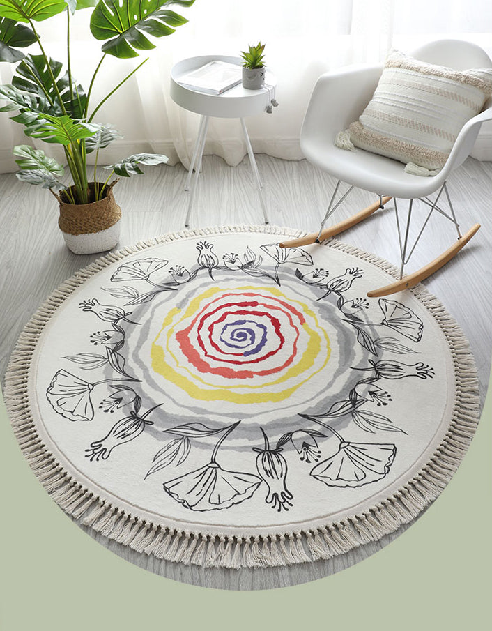 Round White Tone Modern Indoor Rug Polyester Floral Print Rug Non-Slip Backing Indoor Rug for Living Room