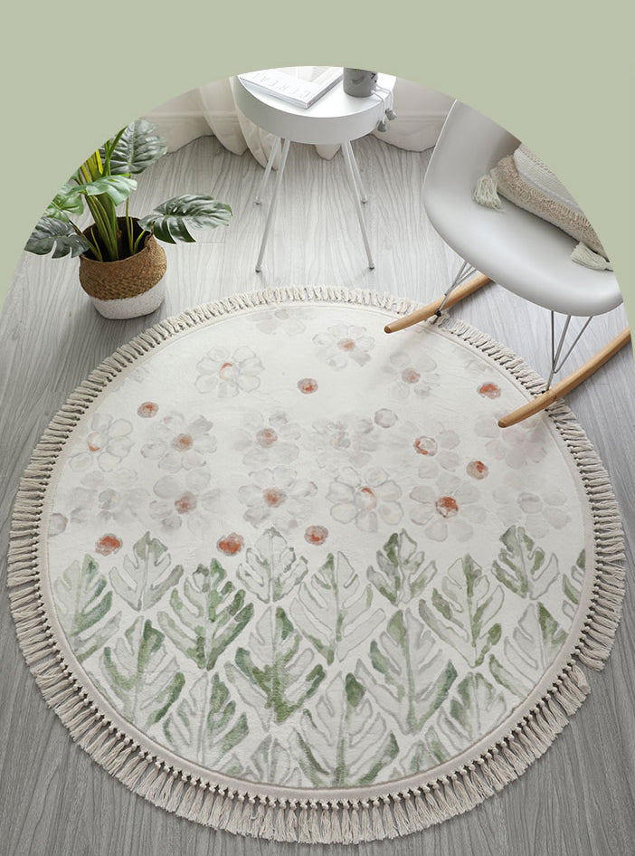 Round White Tone Modern Indoor Rug Polyester Floral Print Rug Non-Slip Backing Indoor Rug for Living Room