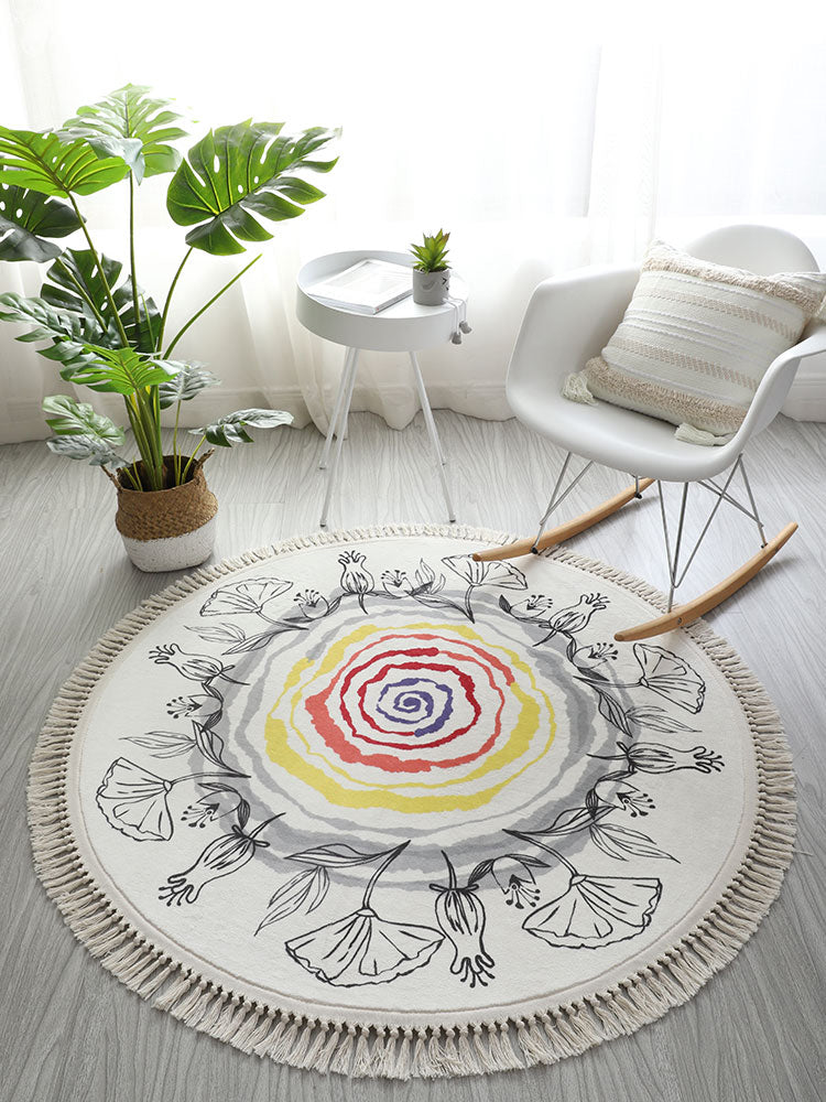 Round White Tone Modern Indoor Rug Polyester Floral Print Rug Non-Slip Backing Indoor Rug for Living Room