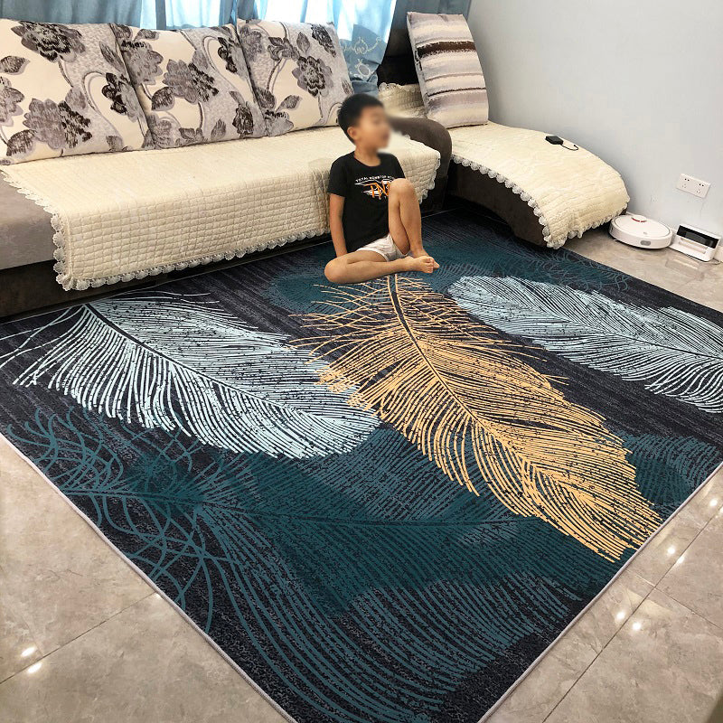 Blue Tone Modern Indoor Rug Polyester Plant Print Carpet Easy Care Rug for Home Decoration