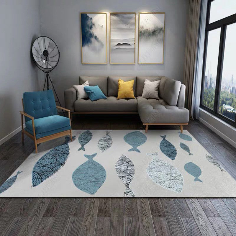 Blue Tone Modern Indoor Rug Polyester Plant Print Carpet Easy Care Rug for Home Decoration
