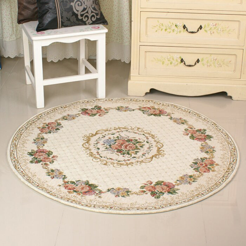 Round Gray Tone Modern Indoor Rug Polyester French Floral Print Rug Non-Slip Backing Indoor Rug for Living Room