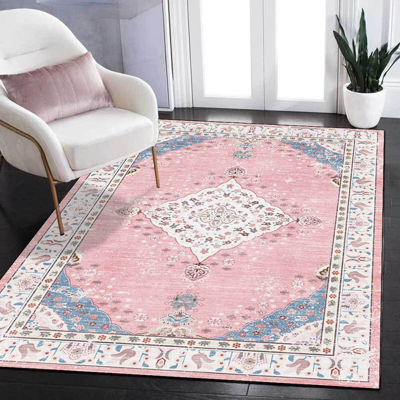 Pink Distressed Floral Print Rug Shabby Chic Polyester Area Rug Non-Slip Backing Indoor Carpet for Home Decor