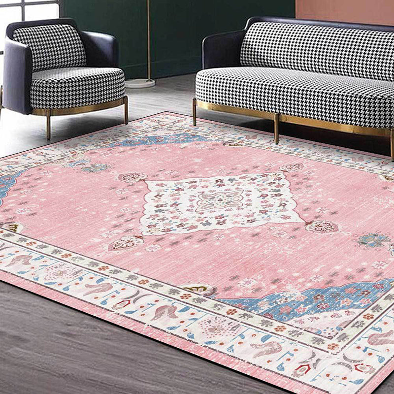 Pink Distressed Floral Print Rug Shabby Chic Polyester Area Rug Non-Slip Backing Indoor Carpet for Home Decor