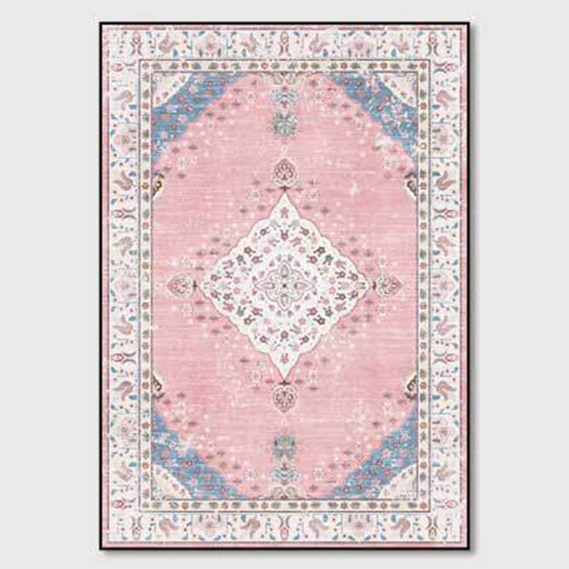 Pink Distressed Floral Print Rug Shabby Chic Polyester Area Rug Non-Slip Backing Indoor Carpet for Home Decor