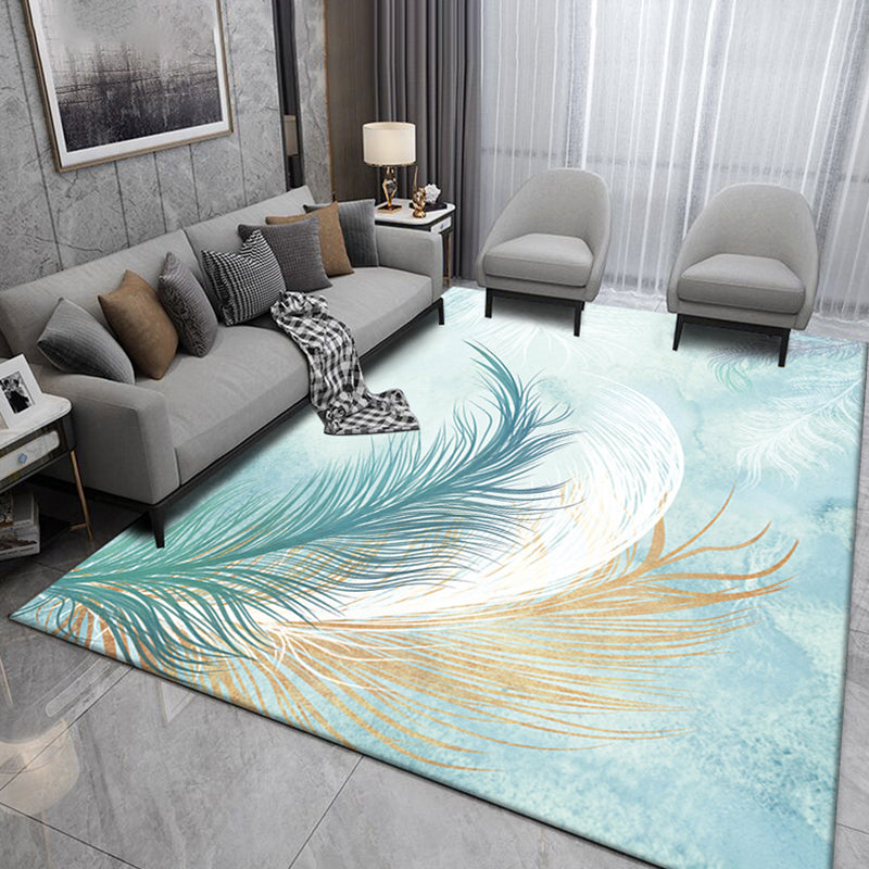 Blue Tone Modern Indoor Rug Polyester Leaves Print Carpet Easy Care Rug for Home Decoration