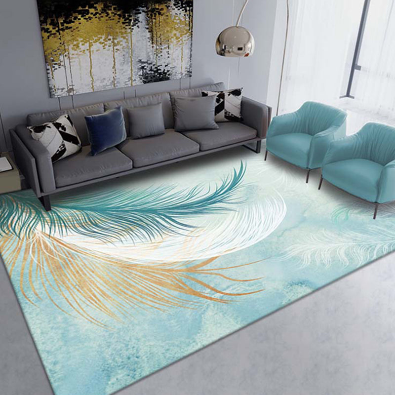 Blue Tone Modern Indoor Rug Polyester Leaves Print Carpet Easy Care Rug for Home Decoration
