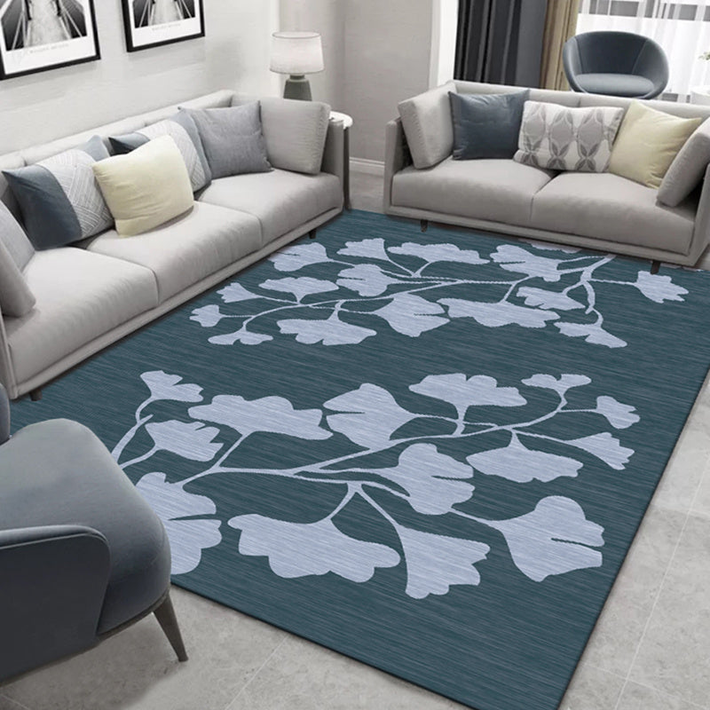 Blue Tone Modern Rug Polyester Carpet Flower Print Indoor Rug Non-Slip Backing for Living Room