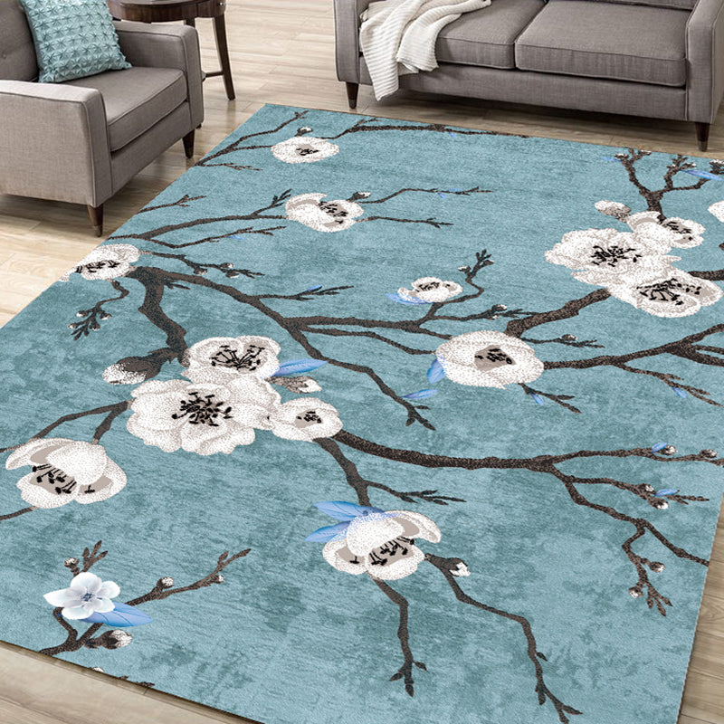 Blue Tone Modern Rug Polyester Carpet Flower Print Indoor Rug Non-Slip Backing for Living Room