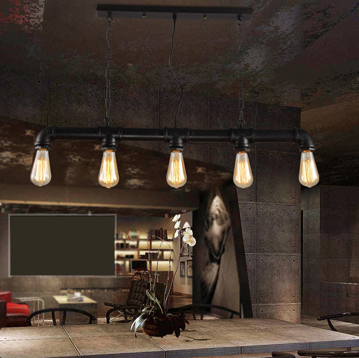 5 Lights Metal Tubular Island Pendant Lighting Retro Industrial Exposed Bulb Island Lamp