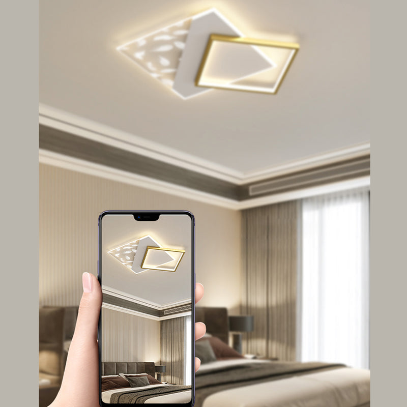 Gold Geometric LED Ceiling Light in Modern Creative Style Feather Acrylic Semi Flush Mount for Living Room