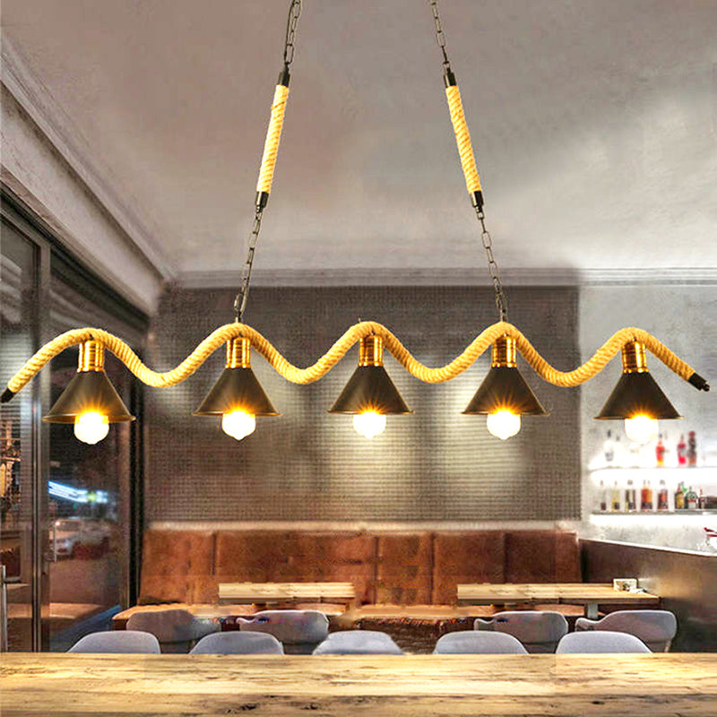 Hemp Rope Island Ceiling Light Vintage Style Restaurant Island Chandelier Light with Cone Metal Shade