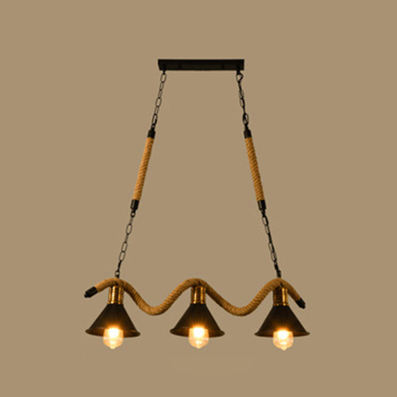 Hemp Rope Island Ceiling Light Vintage Style Restaurant Island Chandelier Light with Cone Metal Shade