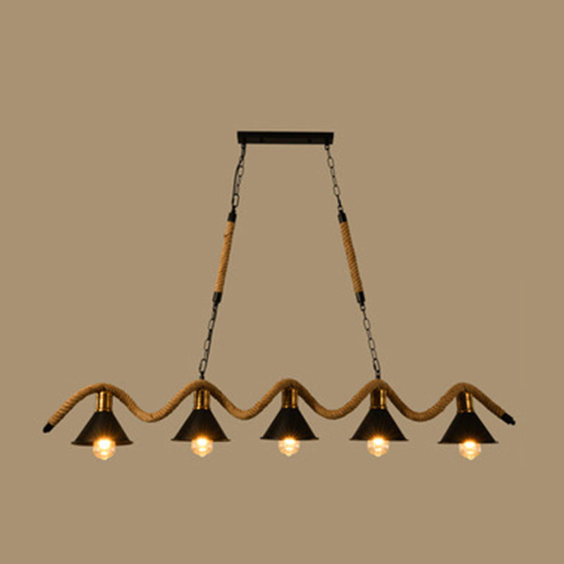 Hemp Rope Island Ceiling Light Vintage Style Restaurant Island Chandelier Light with Cone Metal Shade