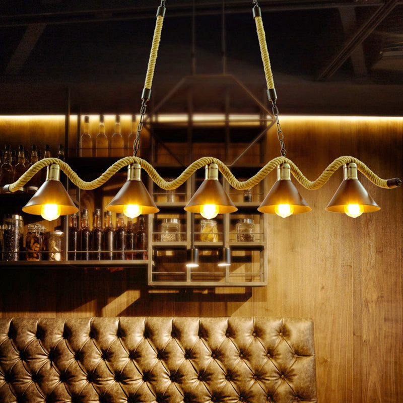Hemp Rope Island Ceiling Light Vintage Style Restaurant Island Chandelier Light with Cone Metal Shade