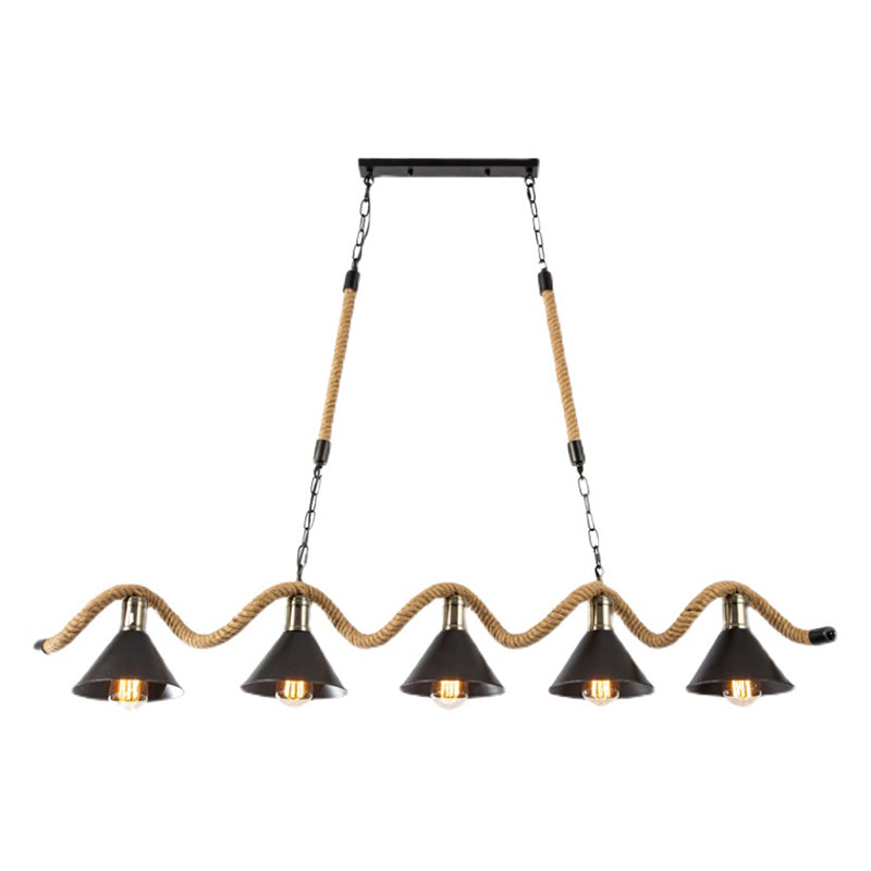 Hemp Rope Island Ceiling Light Vintage Style Restaurant Island Chandelier Light with Cone Metal Shade