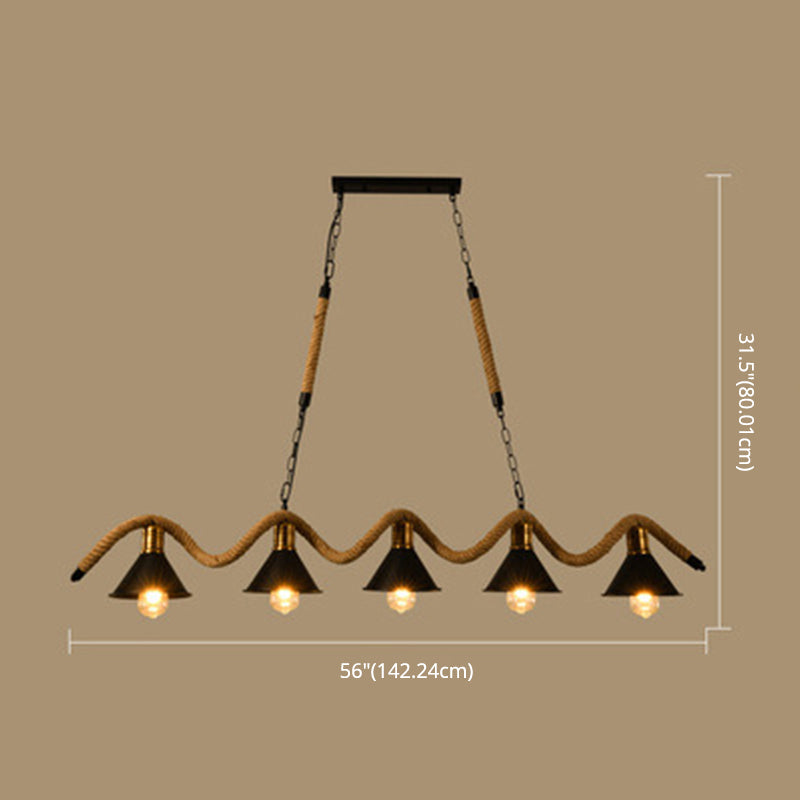 Hemp Rope Island Ceiling Light Vintage Style Restaurant Island Chandelier Light with Cone Metal Shade