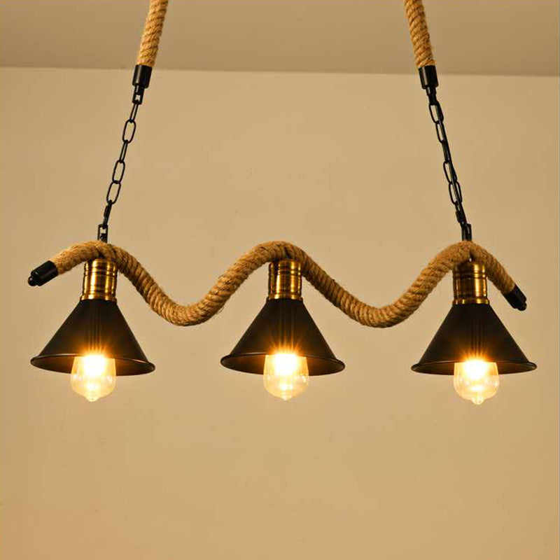 Hemp Rope Island Ceiling Light Vintage Style Restaurant Island Chandelier Light with Cone Metal Shade