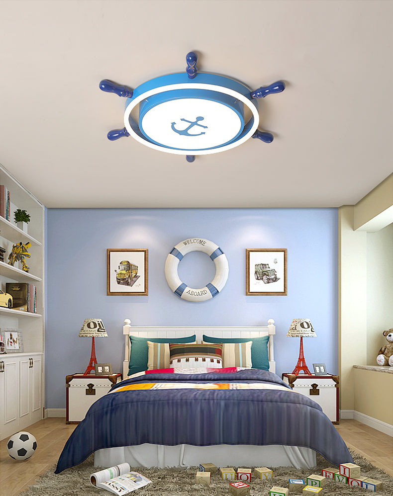 Mediterranean Style Flush Mount Ceiling Light Children's Room Boys and Girls Bedroom Study Kindergarten Cute Cartoon Pirate Ship Rudder LED Lamps