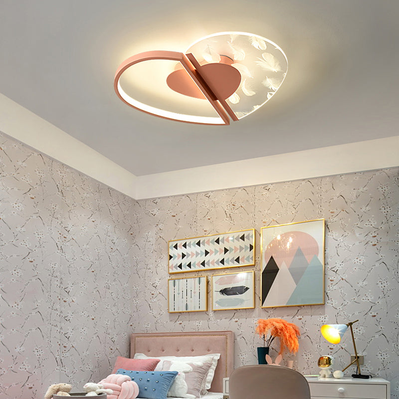 Love Heart Bedroom Flush Ceiling Light Acrylic Minimalist Feather LED Flush Mount Lighting