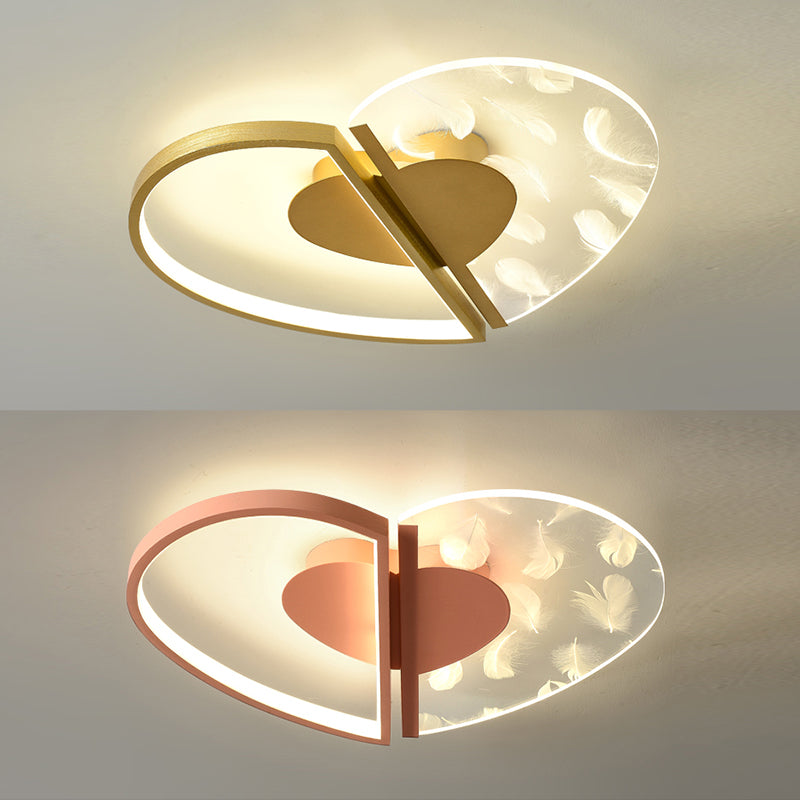 Love Heart Bedroom Flush Ceiling Light Acrylic Minimalist Feather LED Flush Mount Lighting