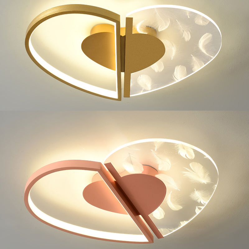 Love Heart Bedroom Flush Ceiling Light Acrylic Minimalist Feather LED Flush Mount Lighting
