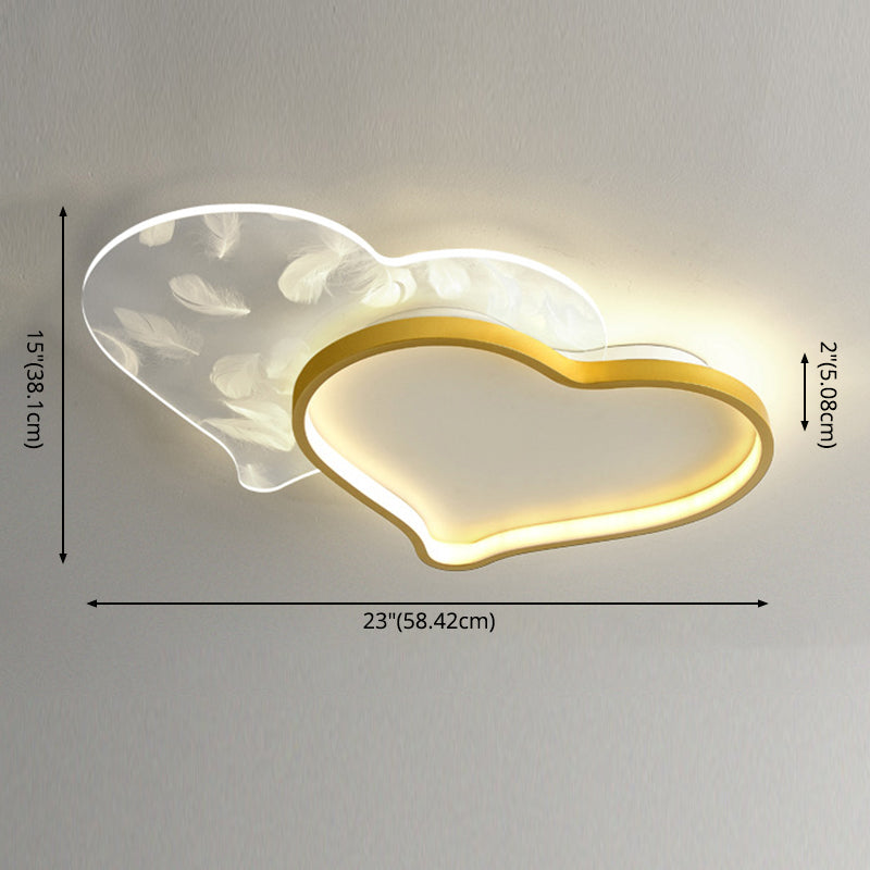 Nordic Double-Heart Shaped Flush Light Acryl Schlafzimmer LED Flush Mount Deckenleuchte mit Feder Dekor