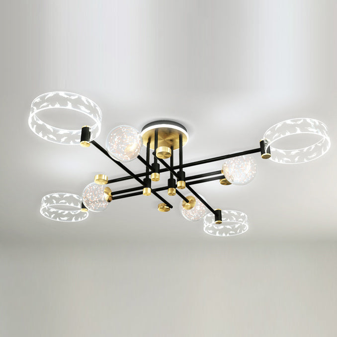 Ring and Ball Acrylic Ceiling Fixture Minimalist Black-Gold LED Semi Flush Mount Light for Living Room