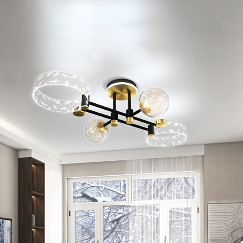 Ring and Ball Acrylic Ceiling Fixture Minimalist Black-Gold LED Semi Flush Mount Light for Living Room