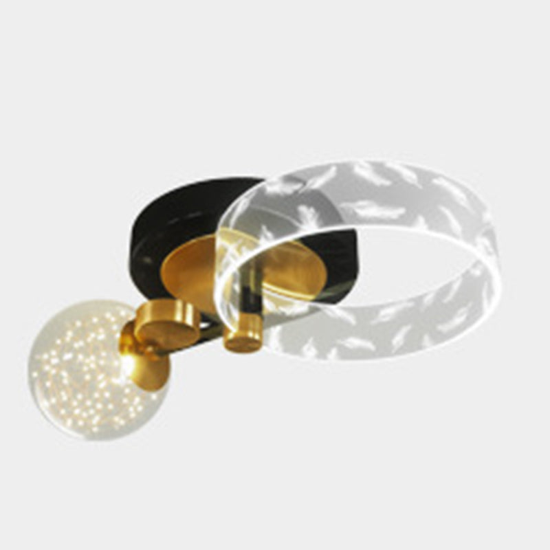 Ring and Ball Acrylic Ceiling Fixture Minimalist Black-Gold LED Semi Flush Mount Light for Living Room