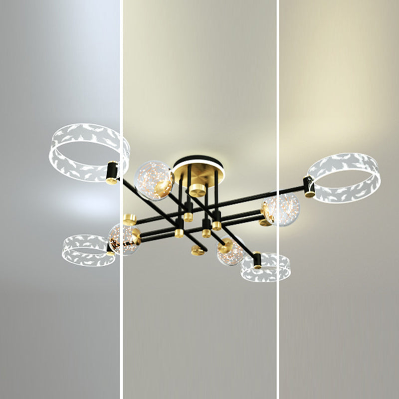 Ring and Ball Acrylic Ceiling Fixture Minimalist Black-Gold LED Semi Flush Mount Light for Living Room