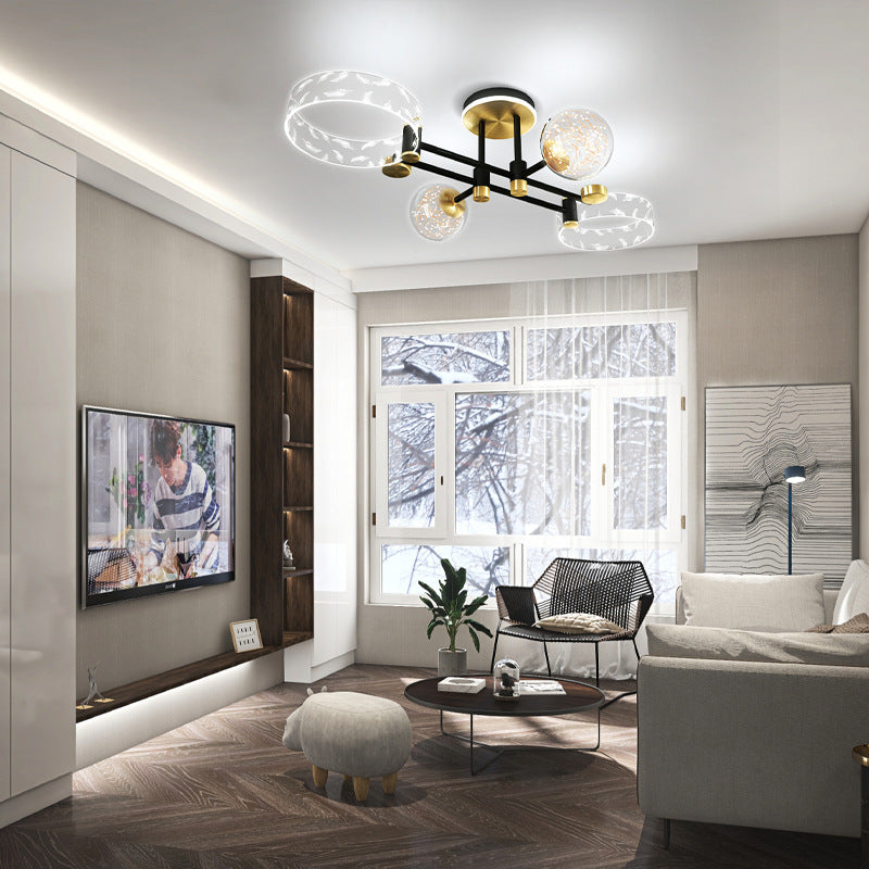 Ring and Ball Acrylic Ceiling Fixture Minimalist Black-Gold LED Semi Flush Mount Light for Living Room