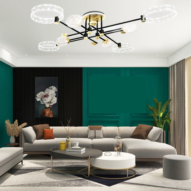 Ring and Ball Acrylic Ceiling Fixture Minimalist Black-Gold LED Semi Flush Mount Light for Living Room