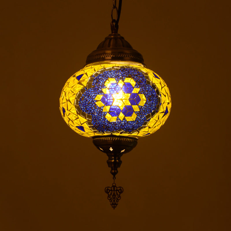 Stained Glass Spherical Hanging Light Vintage 1 Light Living Room Drop Pendant in Red/Blue/Yellow