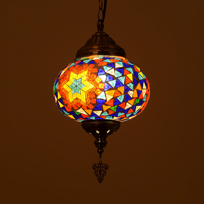 Stained Glass Spherical Hanging Light Vintage 1 Light Living Room Drop Pendant in Red/Blue/Yellow
