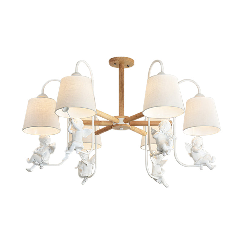 White Barrel Chandelier Lamp Contemporary 6 Heads Fabric Suspension Light with Angel Decoration