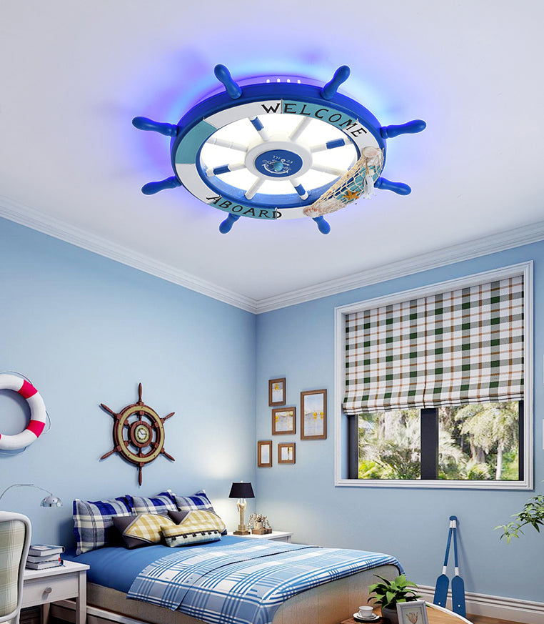 Children's Room Flushmount Light Boy Bedroom Room Study Kindergarten Mediterranean Style Creative Cartoon Ship Rudder Eye Protection Lamps