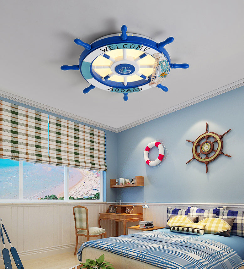 Children's Room Flushmount Light Boy Bedroom Room Study Kindergarten Mediterranean Style Creative Cartoon Ship Rudder Eye Protection Lamps