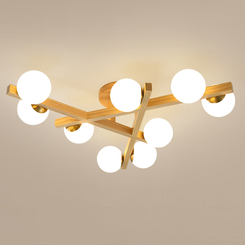 Log Color Sputnik LED Semi Flush Mount in Modern Luxury Style Wooden Ceiling Light with Opal Glass Shade