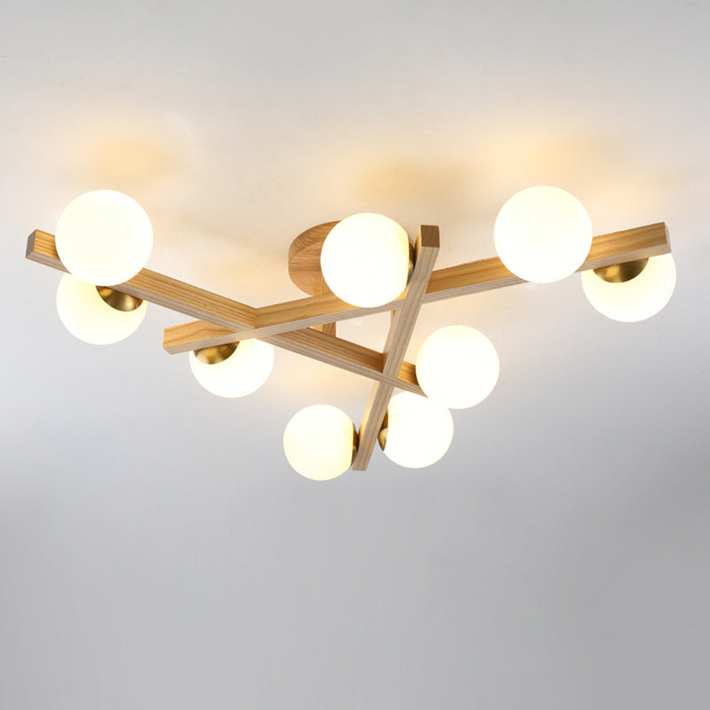 Log Color Sputnik LED Semi Flush Mount in Modern Luxury Style Wooden Ceiling Light with Opal Glass Shade