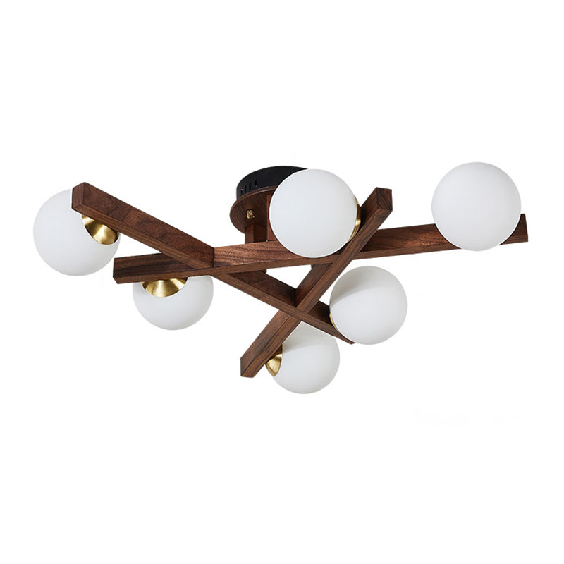 Log Color Sputnik LED Semi Flush Mount in Modern Luxury Style Wooden Ceiling Light with Opal Glass Shade
