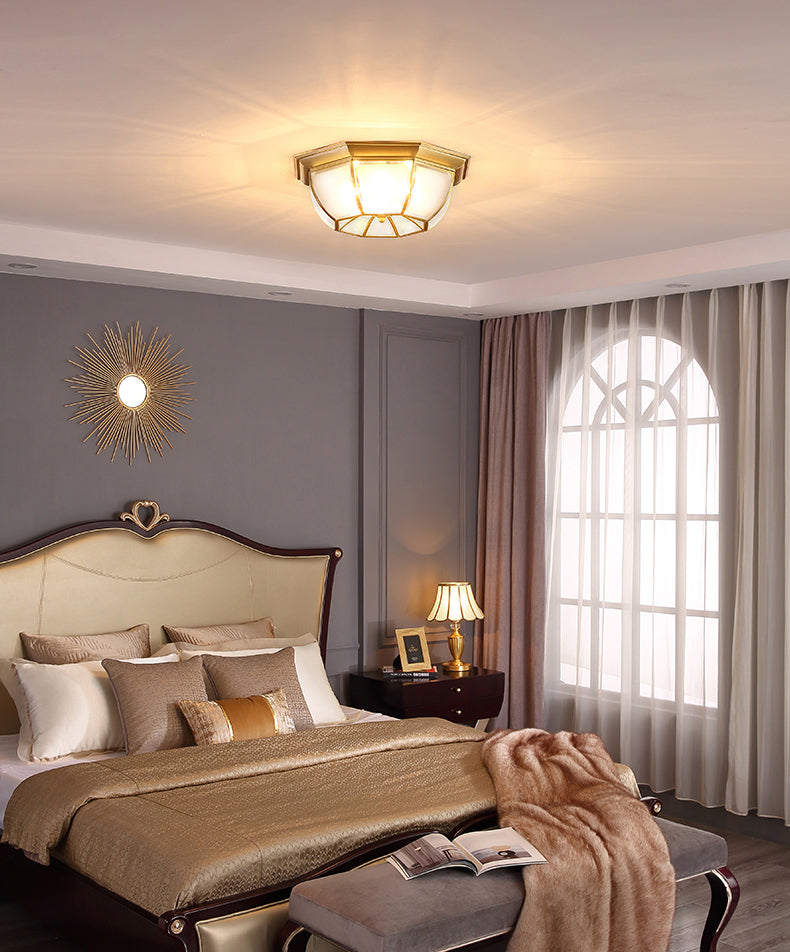 Shaded Living Room Flush Mount Light Fixture Traditional Glass Gold Flushmount Ceiling Lamp