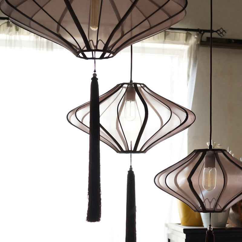 Rhombus hangende plafond lantaarn moderne stof 1-licht diner hanglampje met kwastje