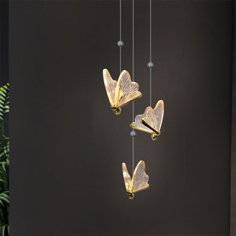 Moderne LED hanger Gold Finish Butterfly Suspension Lighting met acrylschaduw voor trappen