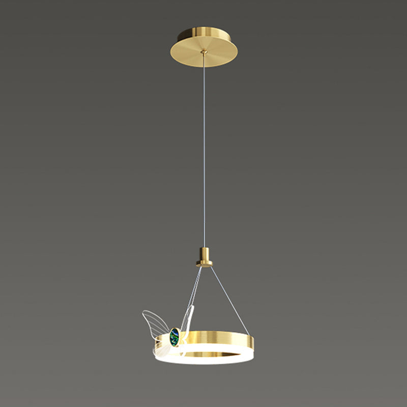 Brass Ring LED Pendant Minimalist Metal Hanging Light with Butterfly Decoration