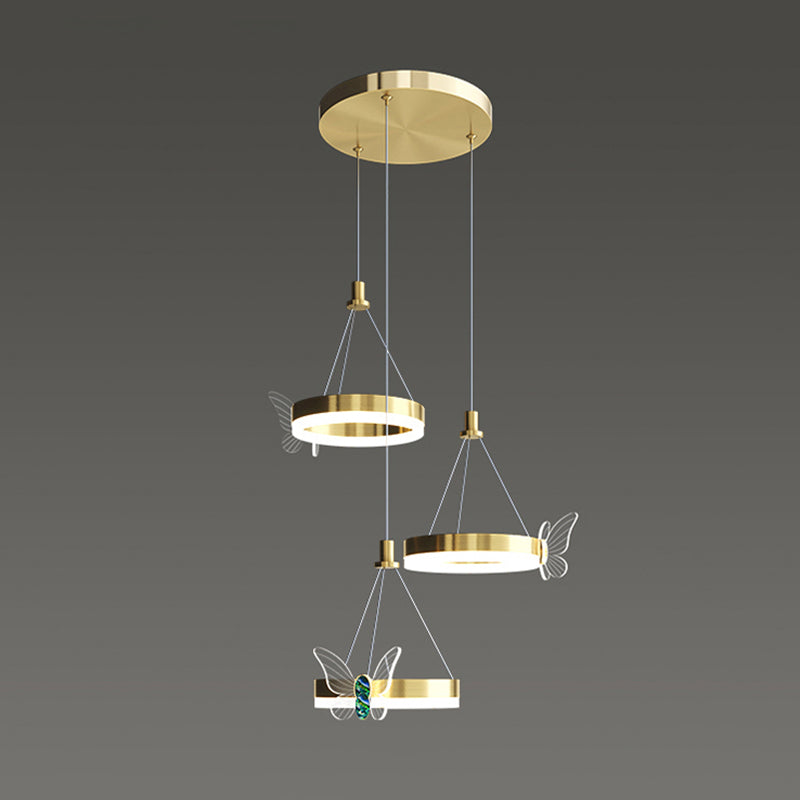 Brass Ring LED Pendant Minimalist Metal Hanging Light with Butterfly Decoration