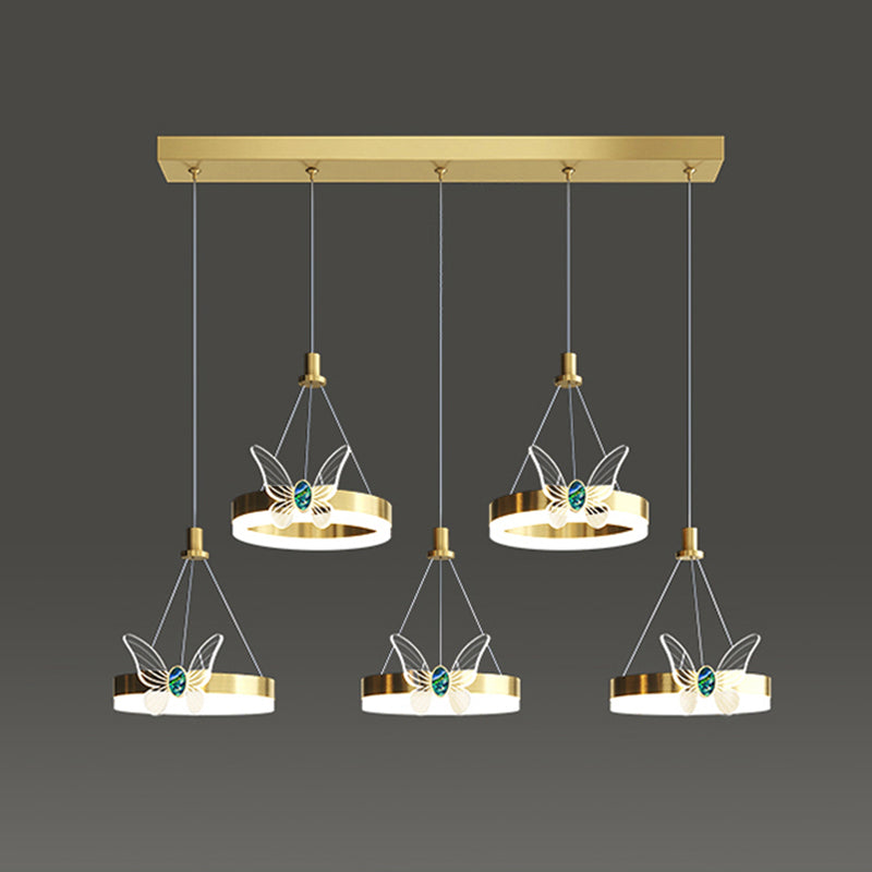 Brass Ring LED Pendant Minimalist Metal Hanging Light with Butterfly Decoration